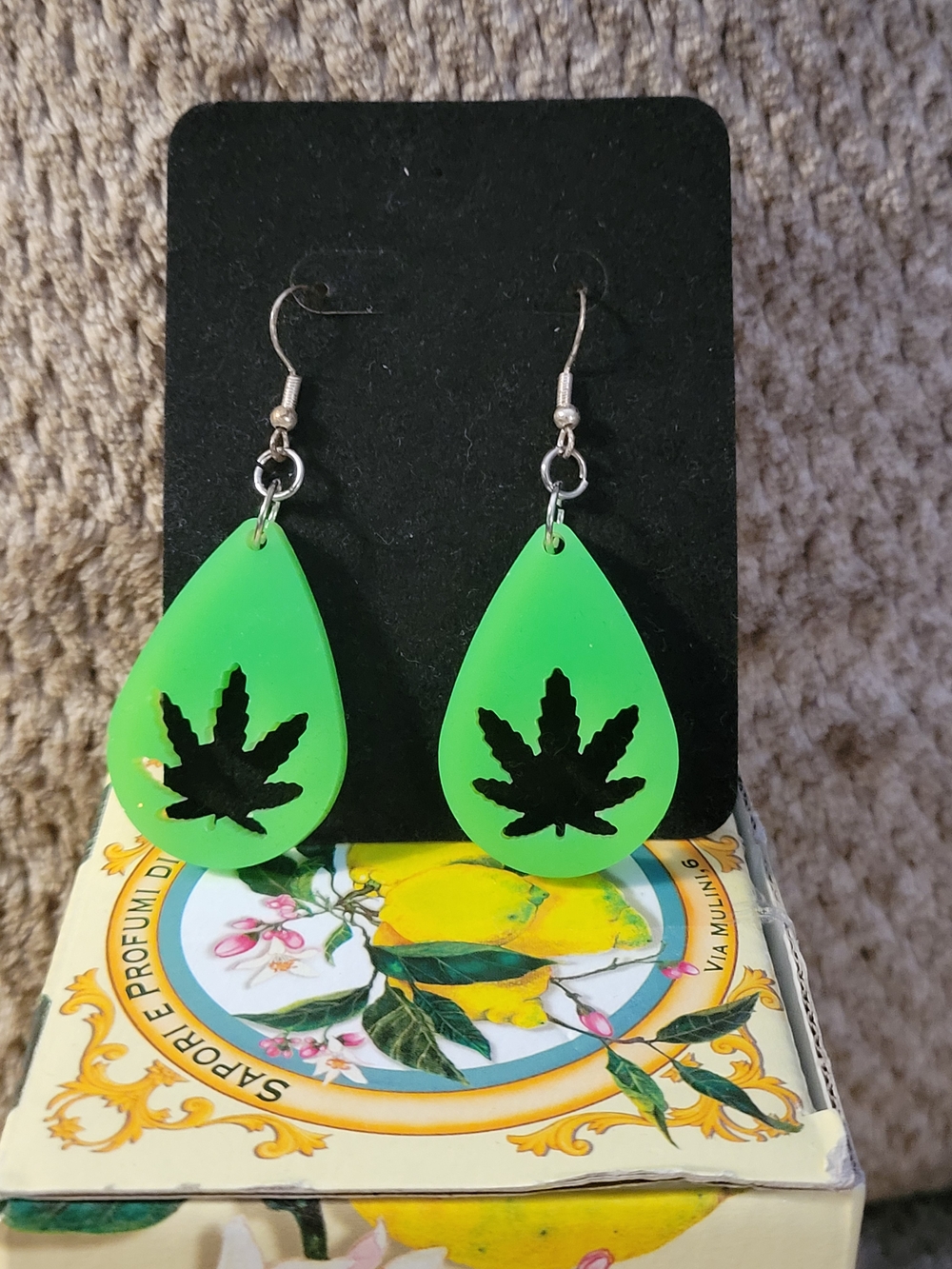 Neon Glow Green Teardrop Earrings with Leaf Cutout